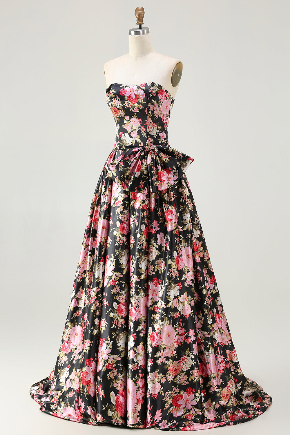 Floral White and Pink A Line Long Corset Prom Dress with Bow