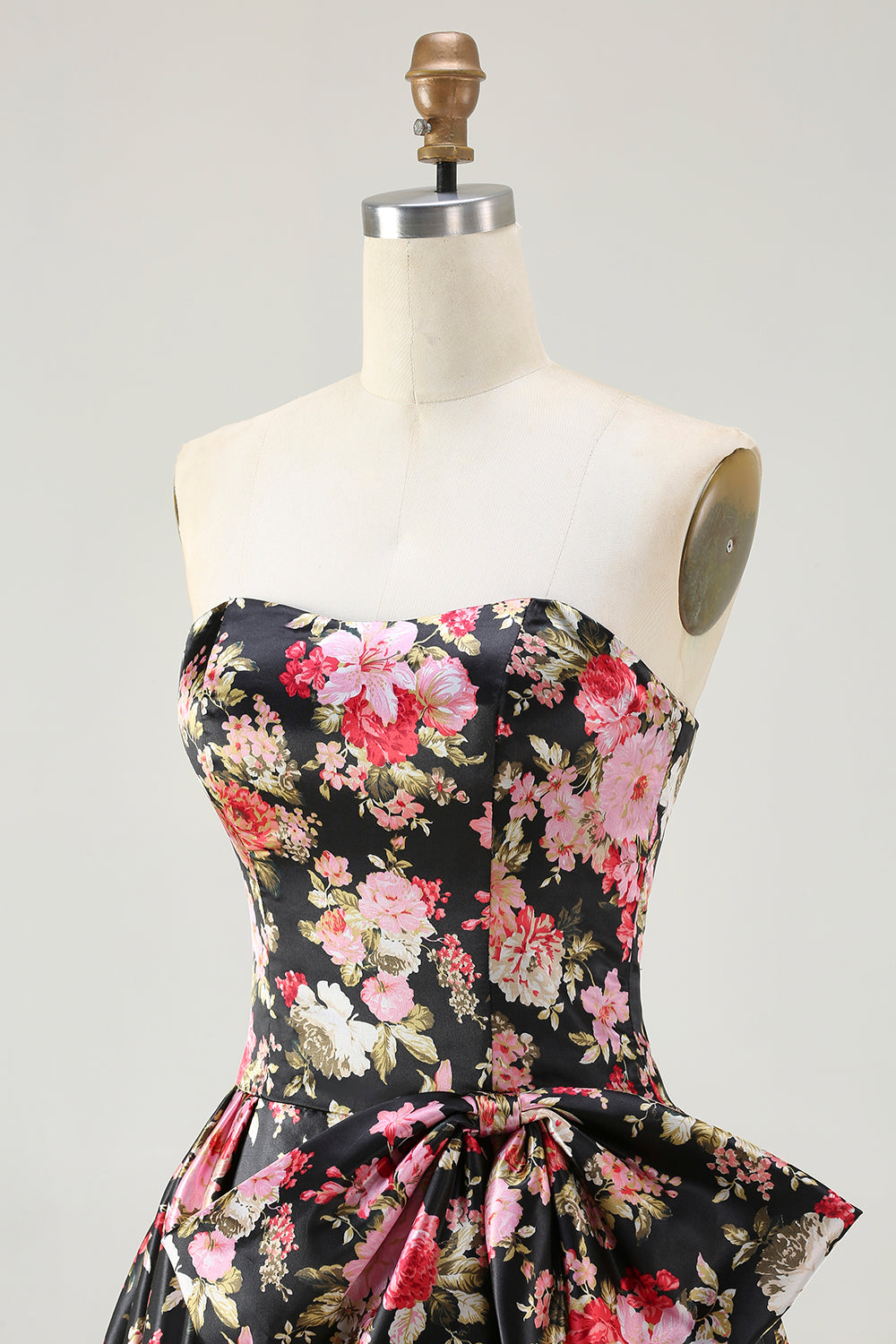 Floral White and Pink A Line Long Corset Prom Dress with Bow