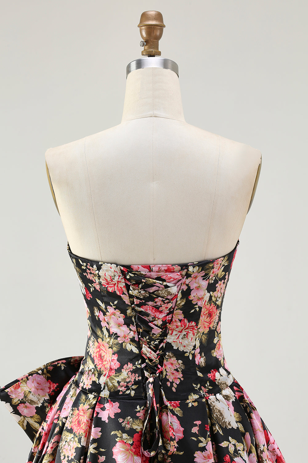 Floral White and Pink A Line Long Corset Prom Dress with Bow