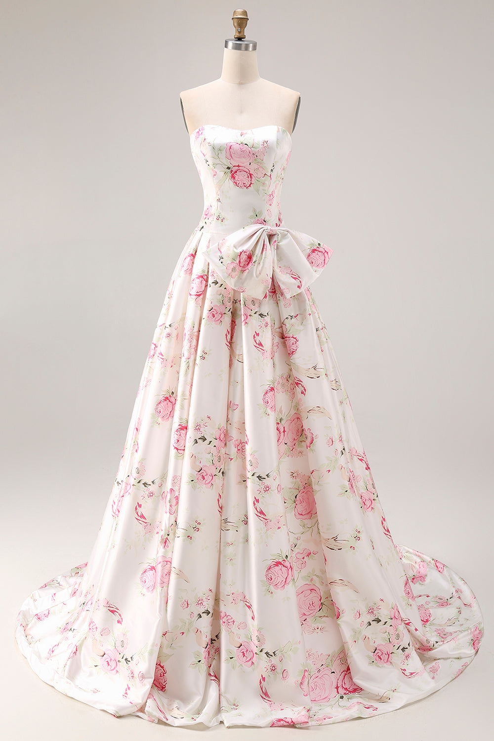 Black and Pink Floral Strapless Corset Long Prom Dress with Bow