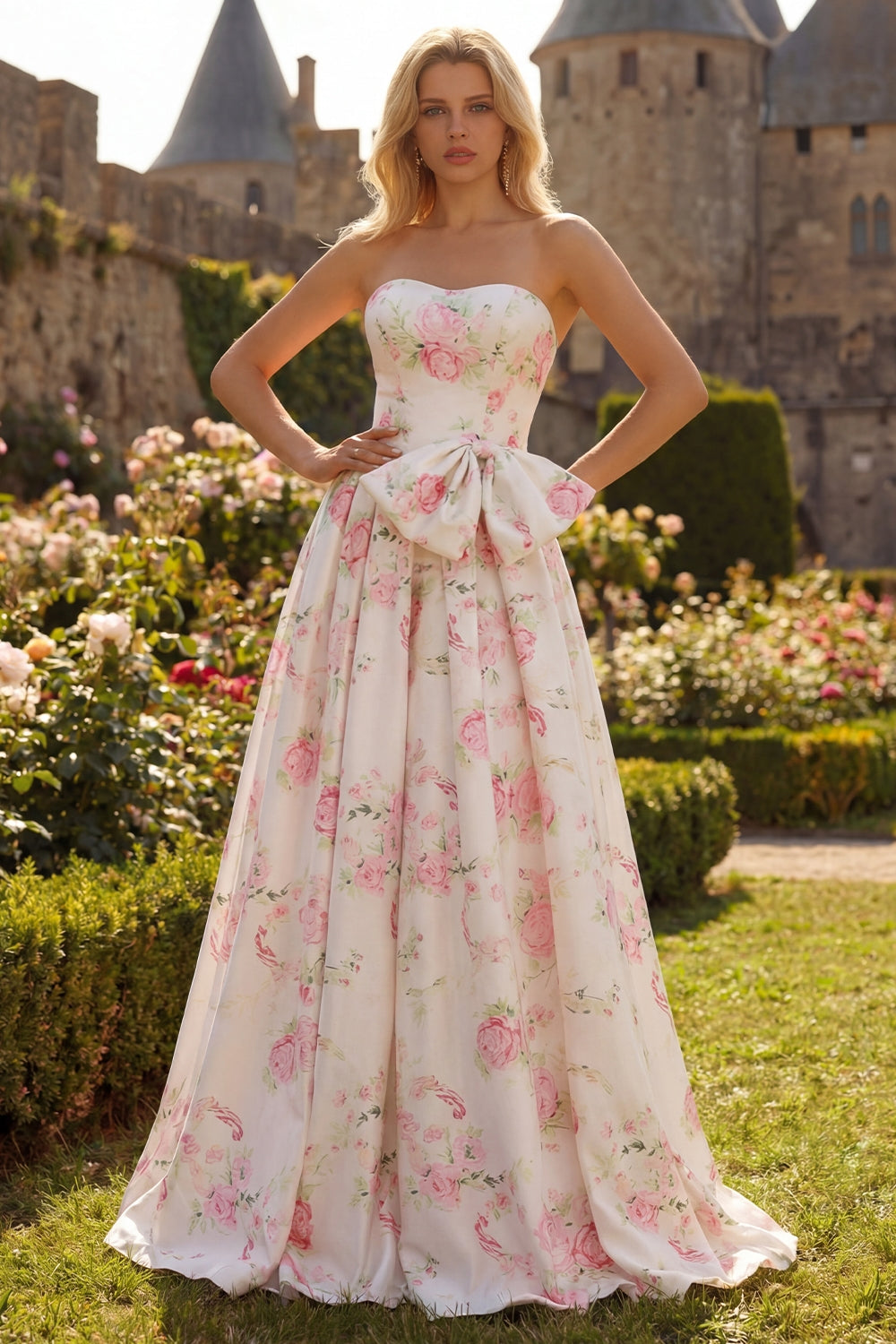 Floral White and Pink A Line Long Corset Prom Dress with Bow
