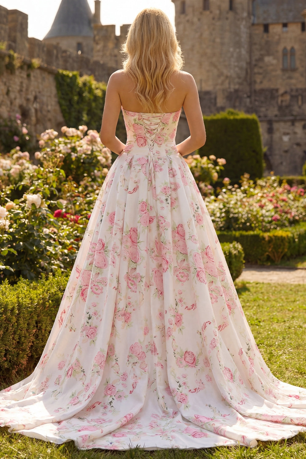 Floral White and Pink A Line Long Corset Prom Dress with Bow