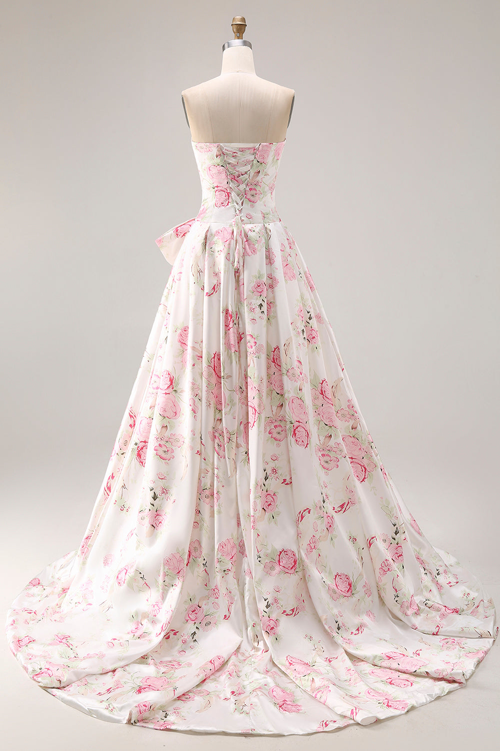 Black and Pink Floral Strapless Corset Long Prom Dress with Bow