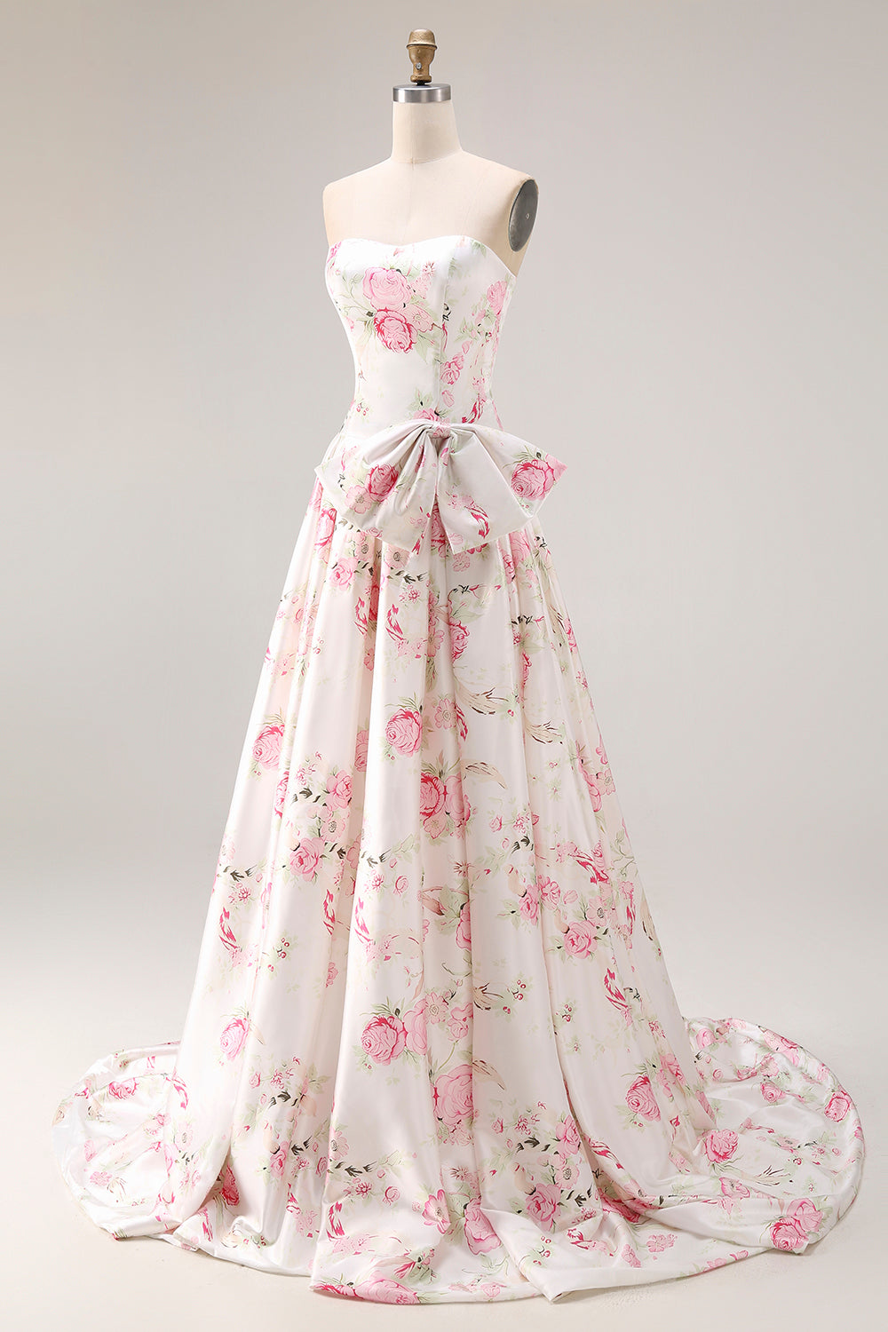 Black and Pink Floral Strapless Corset Long Prom Dress with Bow