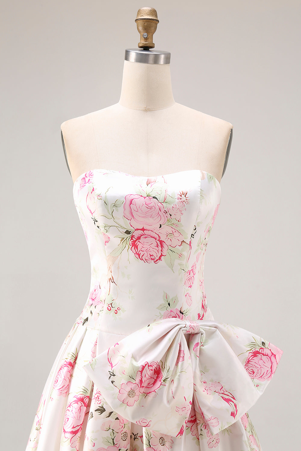 Black and Pink Floral Strapless Corset Long Prom Dress with Bow
