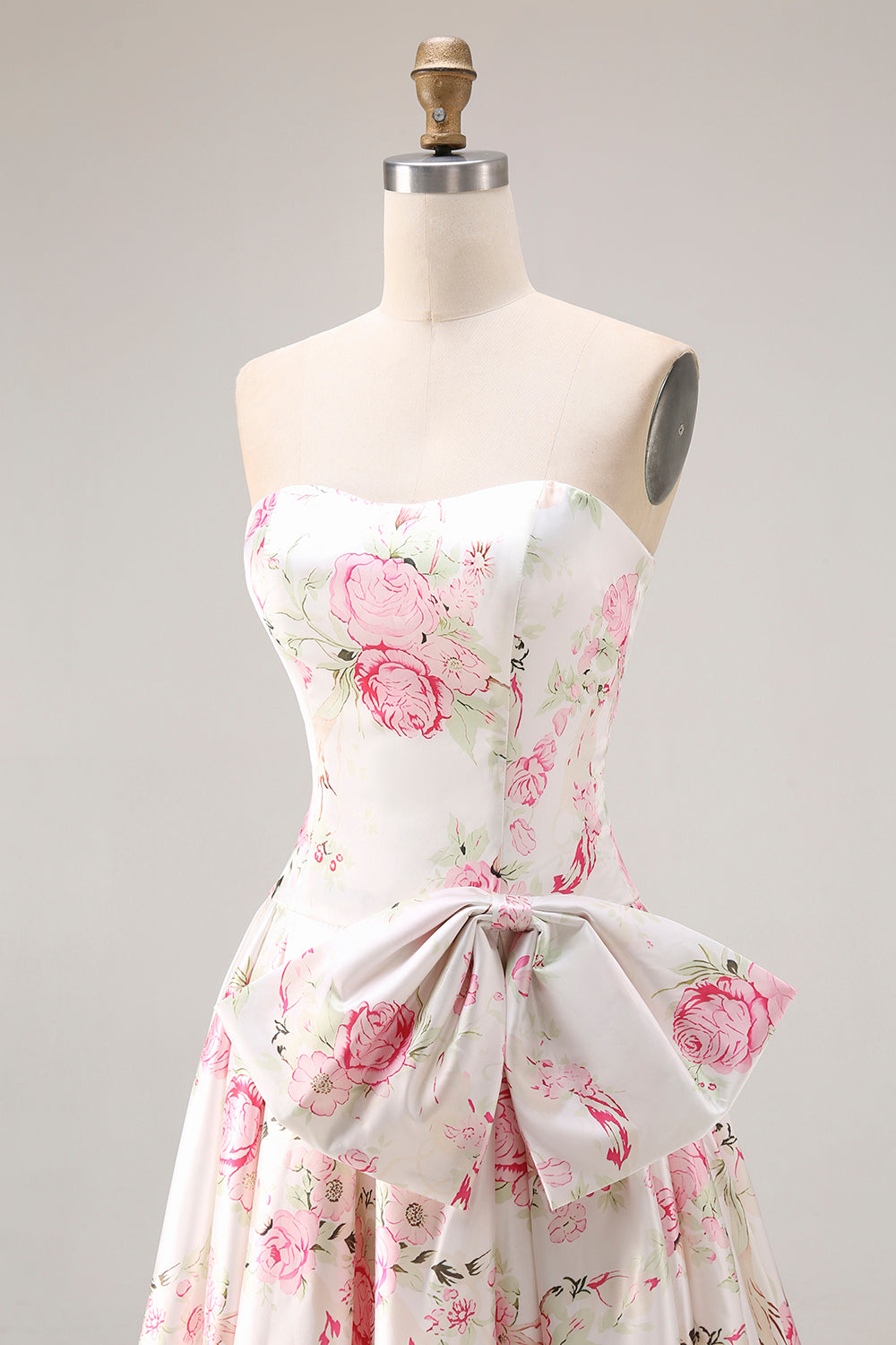 Black and Pink Floral Strapless Corset Long Prom Dress with Bow