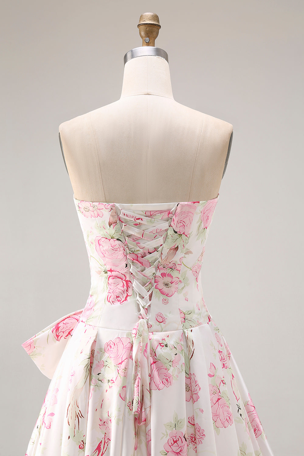 Black and Pink Floral Strapless Corset Long Prom Dress with Bow
