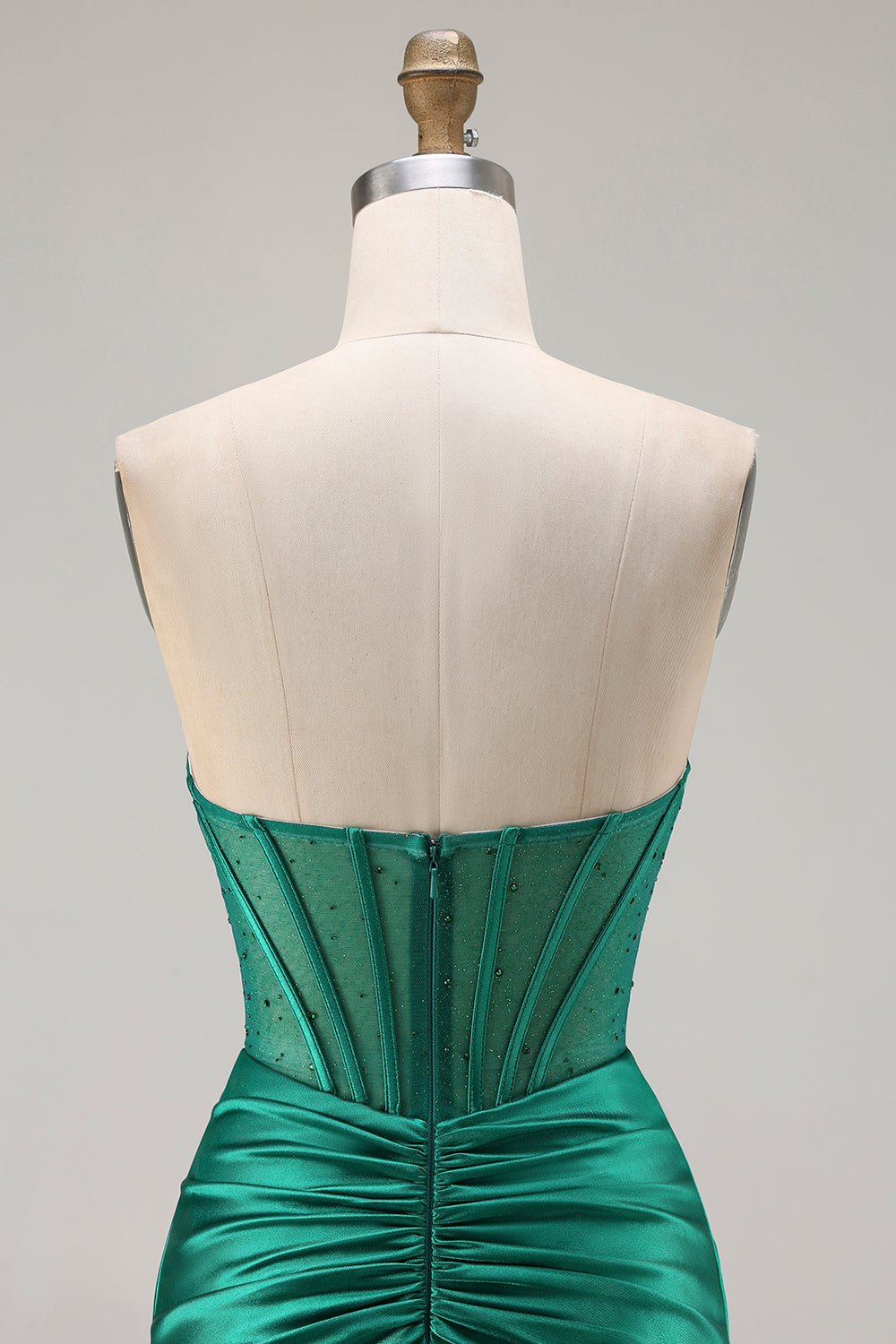 Dark Green Satin Mermaid Strapless Long Corset Prom Dress with Slit