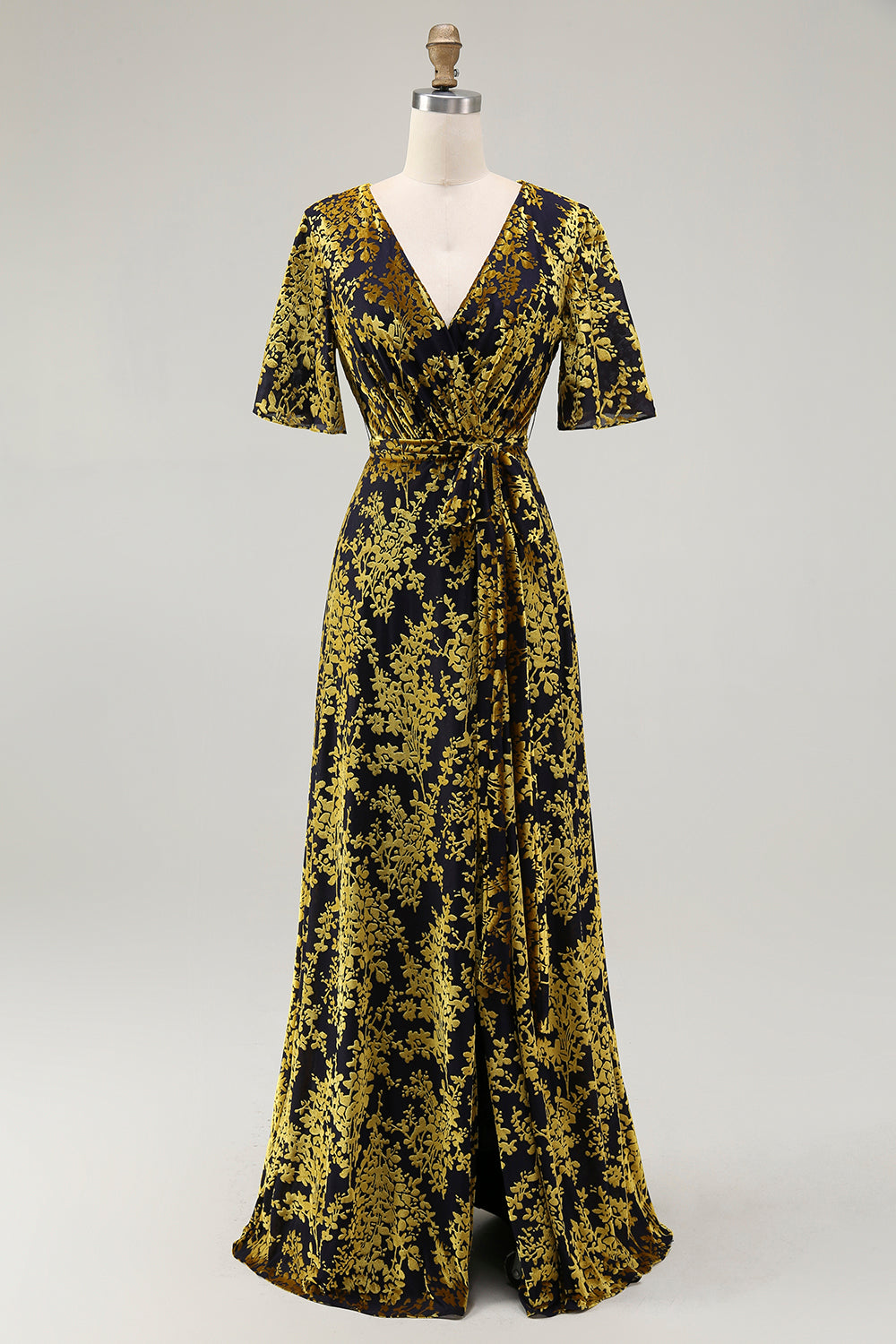 Pine A-Line Velvet Burnout V-Neck Long Wedding Guest Dress