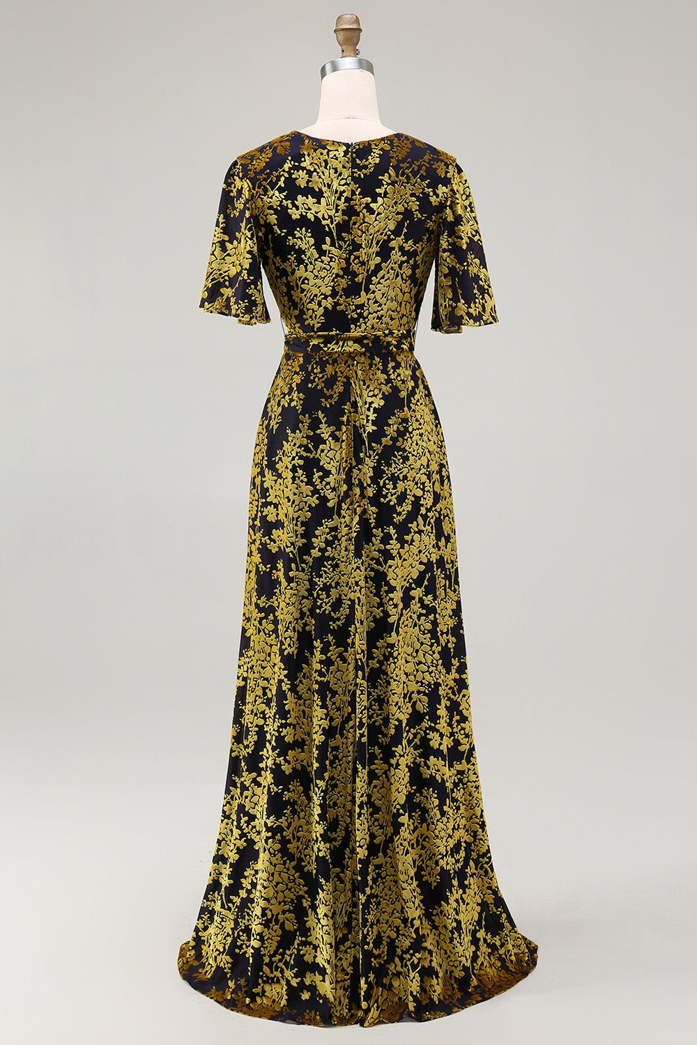 Pine A-Line Velvet Burnout V-Neck Long Wedding Guest Dress