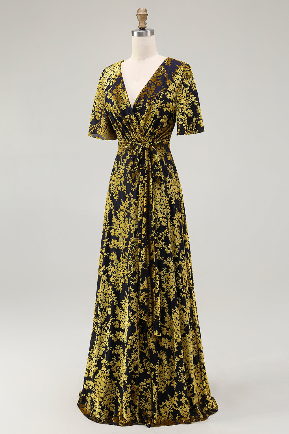 Pine A-Line Velvet Burnout V-Neck Long Wedding Guest Dress