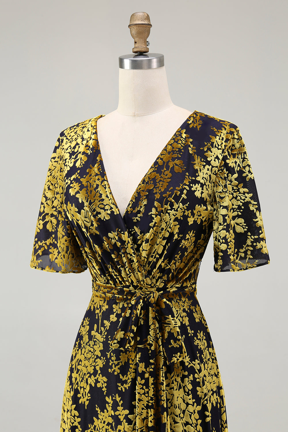 Pine A-Line Velvet Burnout V-Neck Long Wedding Guest Dress