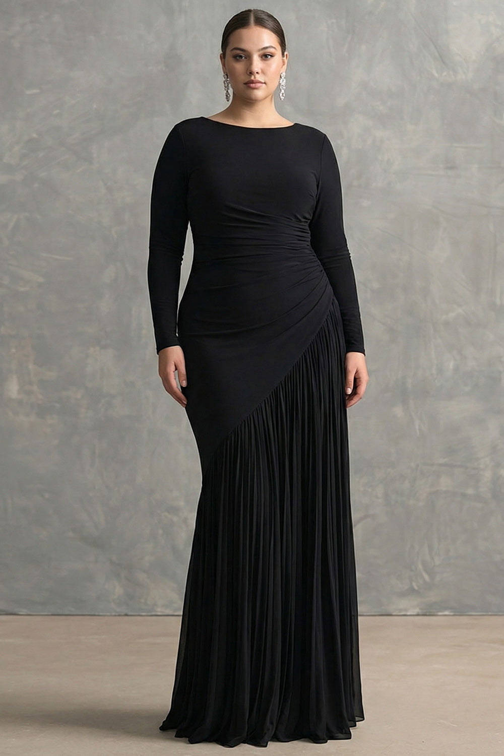 Black Boat Neck Mermaid Long Formal Dress with Sleeves