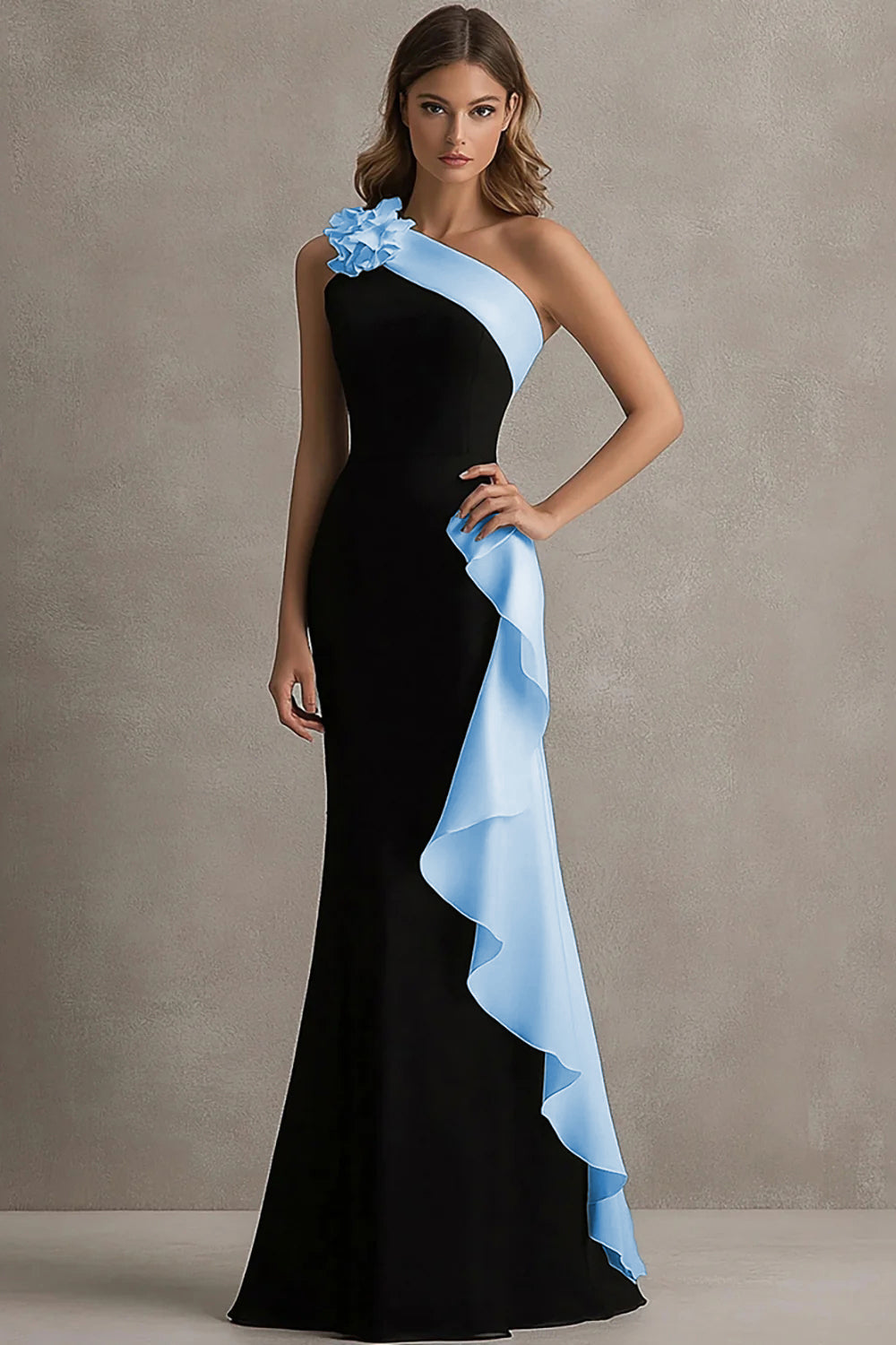 Black and Blue One Shoulder Long Formal Dress with Ruffles