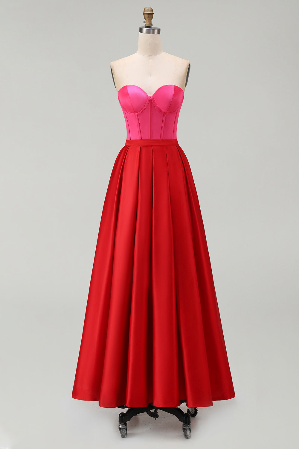 Red and Fuchsia Satin A Line Strapless Long Formal Dress
