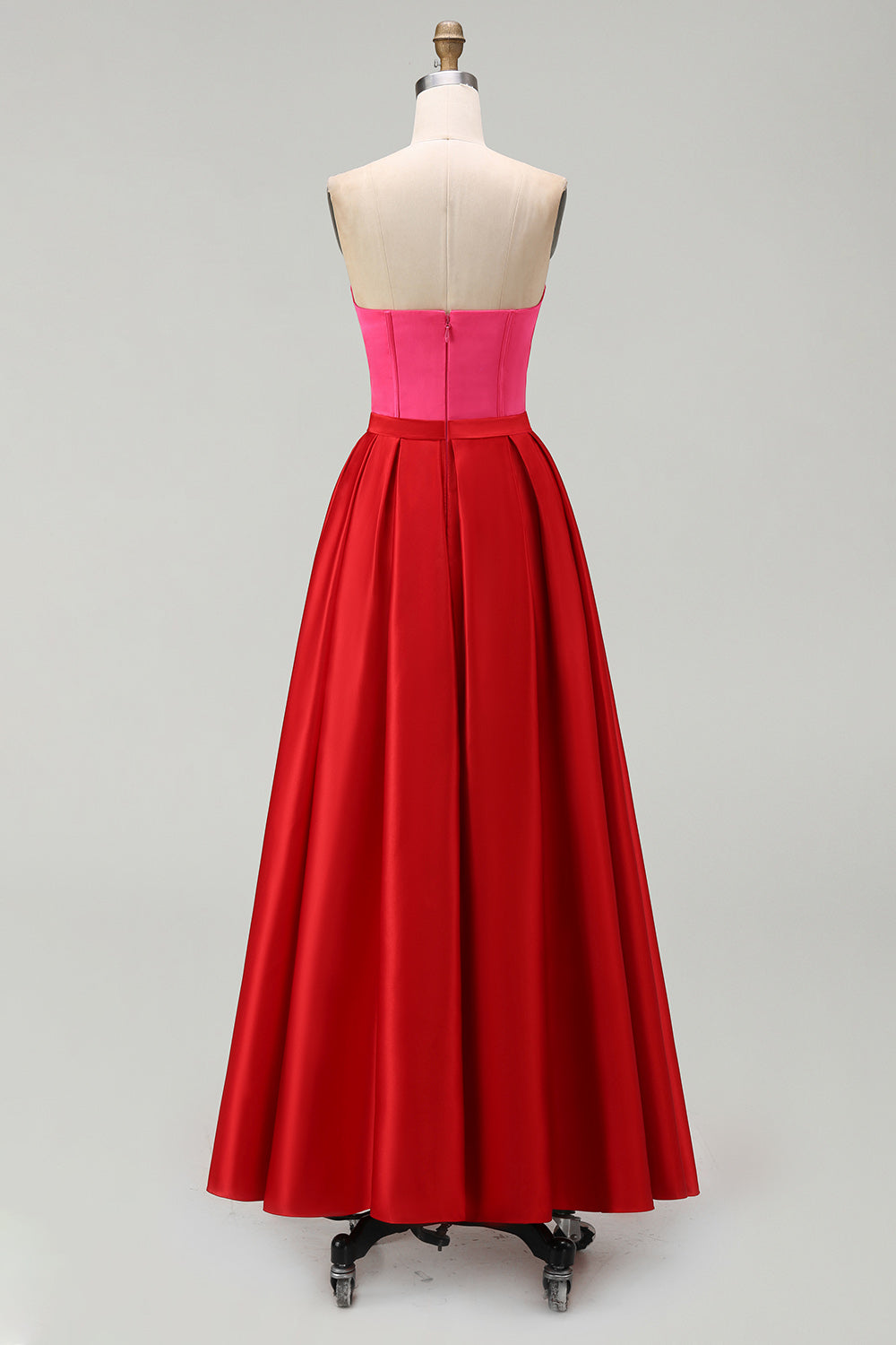 Red and Fuchsia Satin A Line Strapless Long Formal Dress