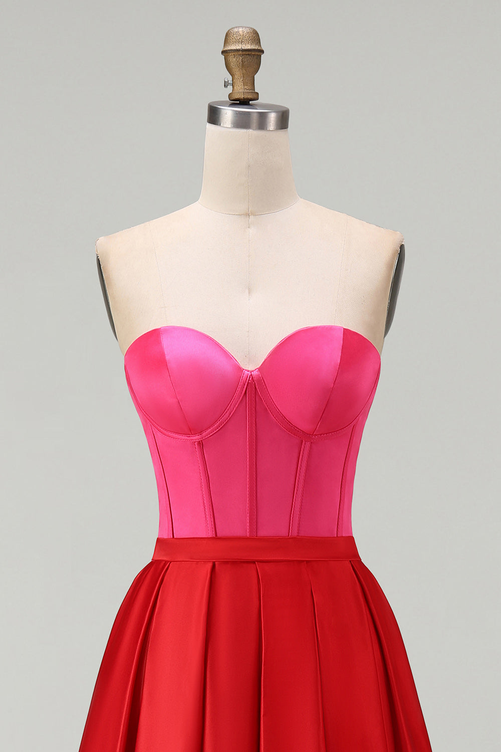 Red and Fuchsia Satin A Line Strapless Long Formal Dress