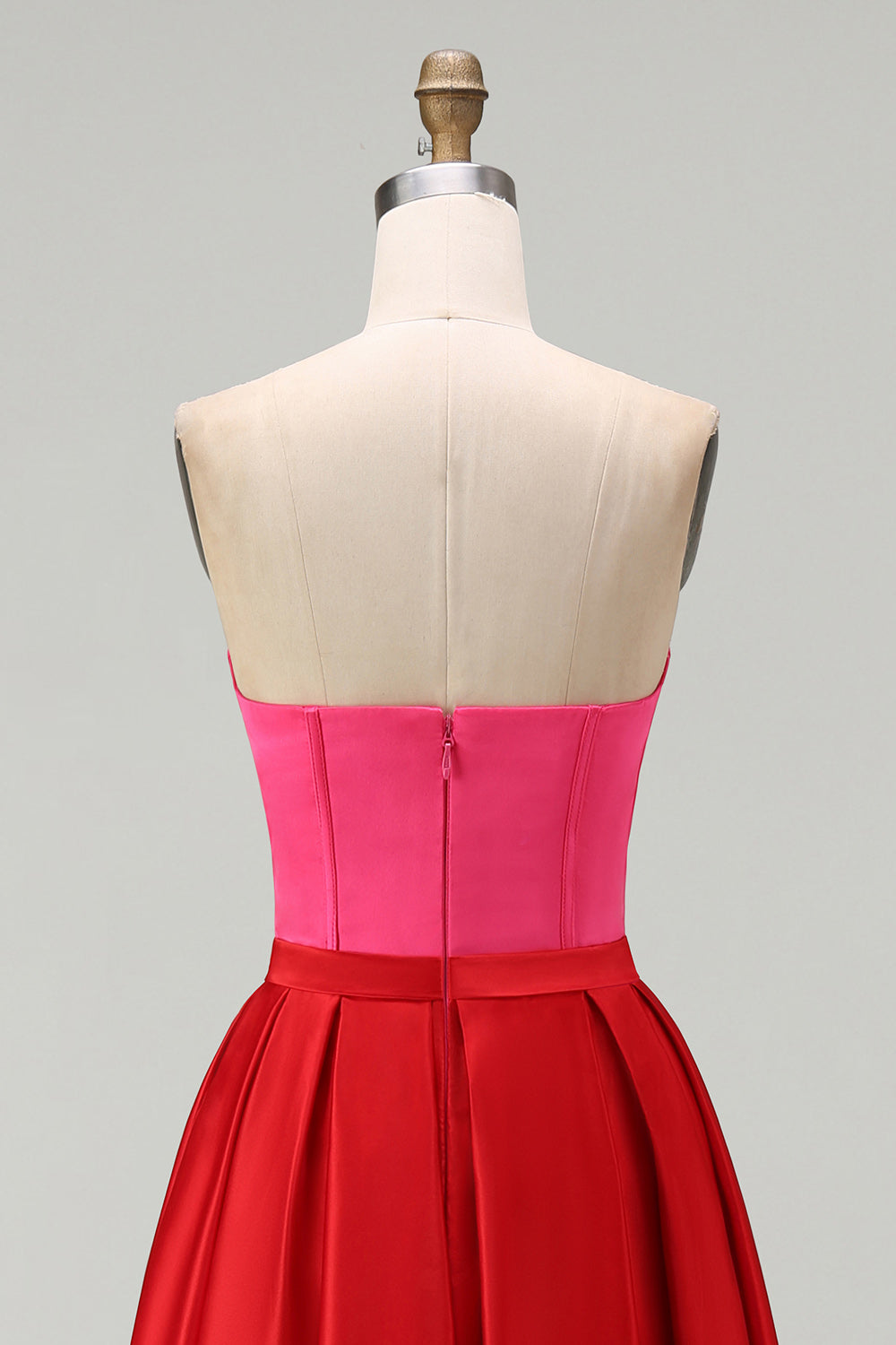Red and Fuchsia Satin A Line Strapless Long Formal Dress