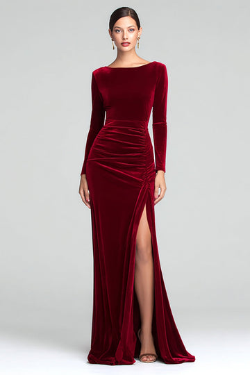 Burgundy Velvet Boat Neck Ruched Long Sleeves Holiday Party Dress
