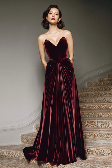 Burgundy Velvet A Line Sweetheart Long Holiday Party Dress