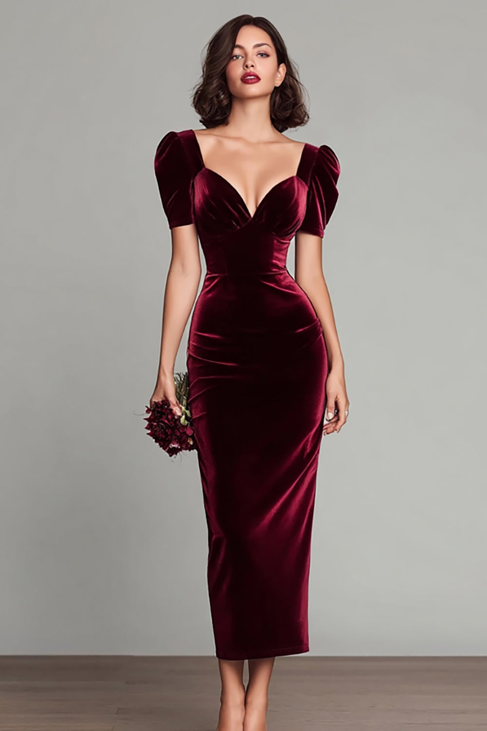 Simple Burgundy Velvet Sheath Long Holiday Party Dress with Sleeves