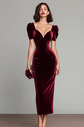Simple Burgundy Velvet Sheath Long Holiday Party Dress with Sleeves