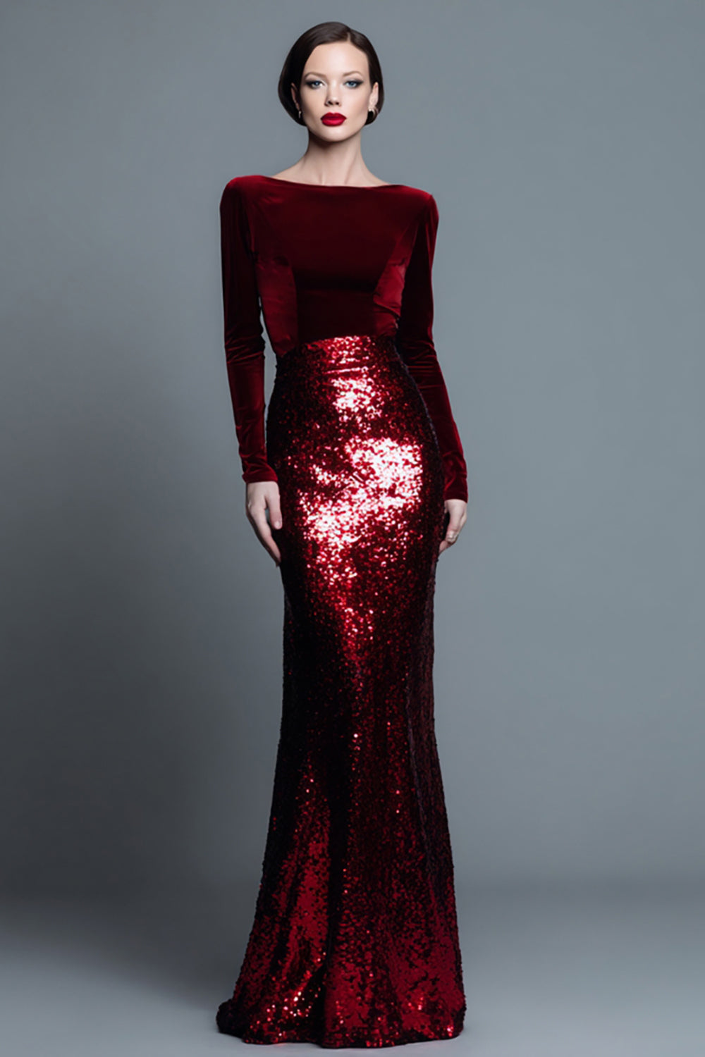 Sparkly Navy Bateau Neck Mermaid Long Holiday Party Dress with Sleeves