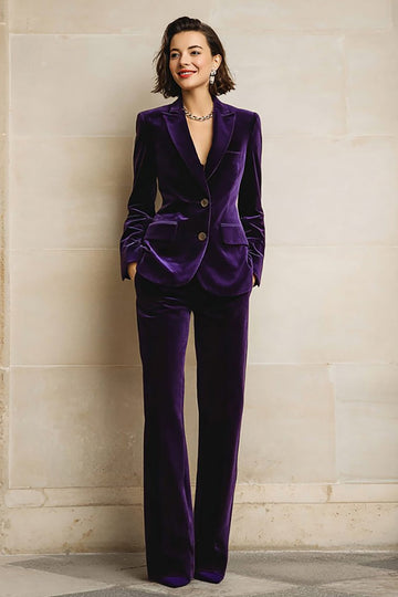 Plum Velvet Peak Lapel 2 Piece Prom Suits with Pockets