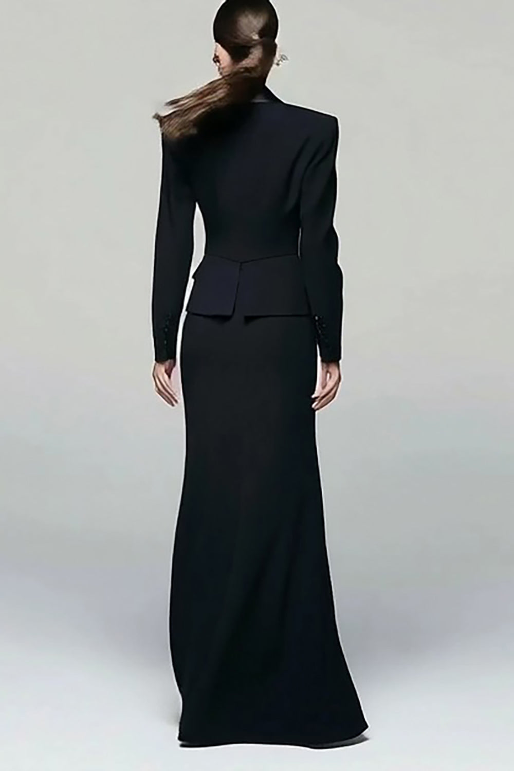 Black Peak Lapel Pencil 2 Piece Long Blazer Dress with Slit