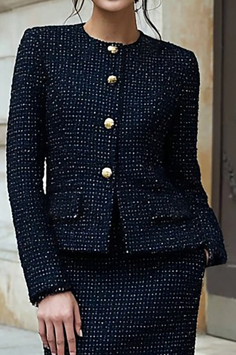 Black 2 Piece Single Breasted Tweed Interview Outfits with Slit
