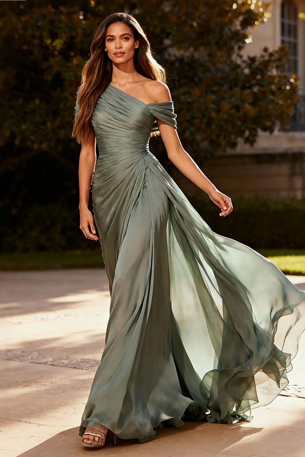 Plus Size Dusty Sage Chiffon A Line Ruched Long Formal Dress with Side Cape