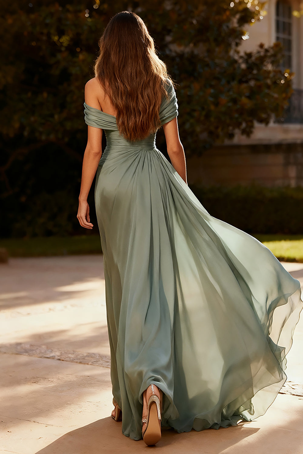 Plus Size Dusty Sage Chiffon A Line Ruched Long Formal Dress with Side Cape