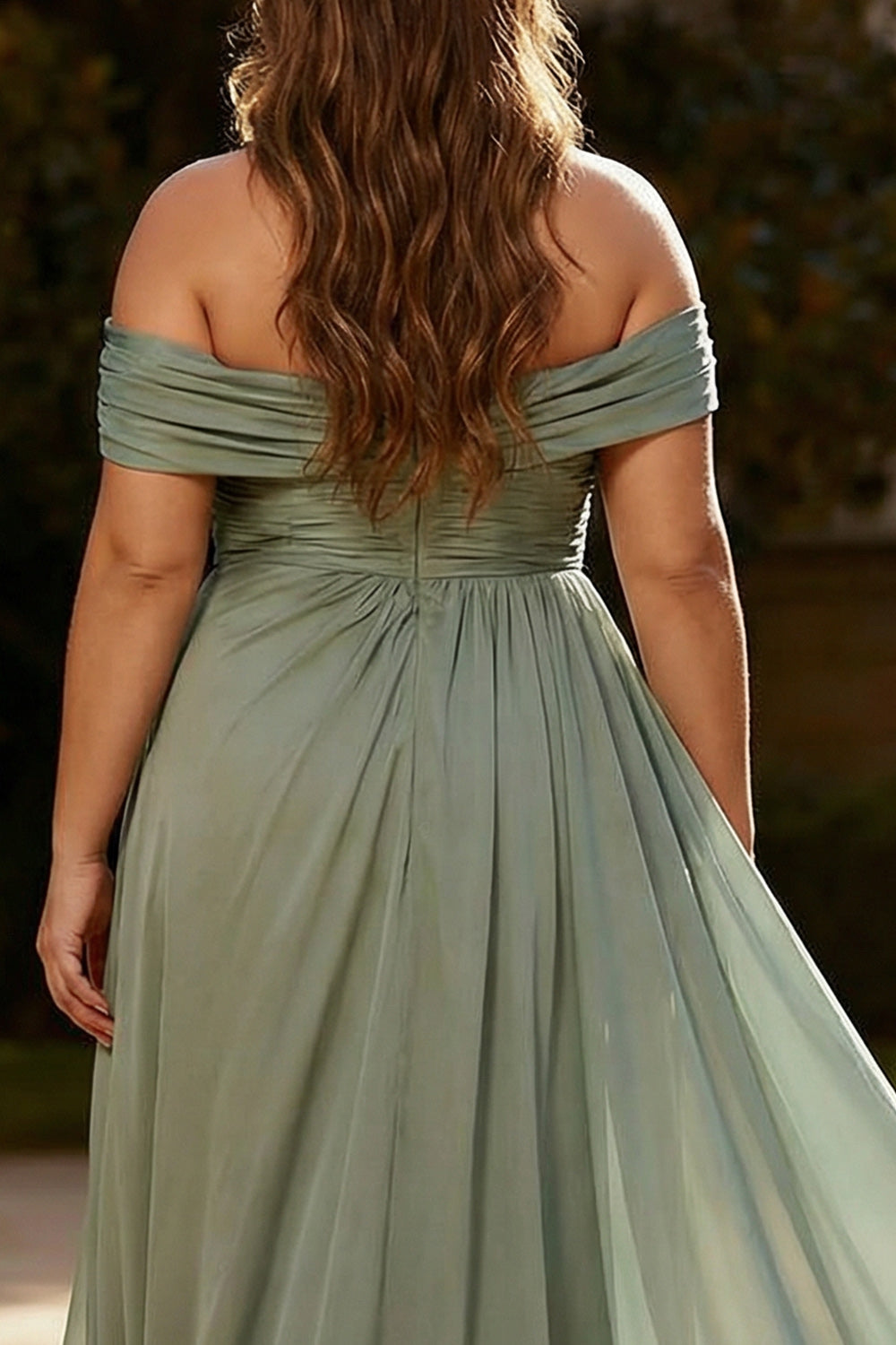 Plus Size Dusty Sage Chiffon A Line Ruched Long Formal Dress with Side Cape