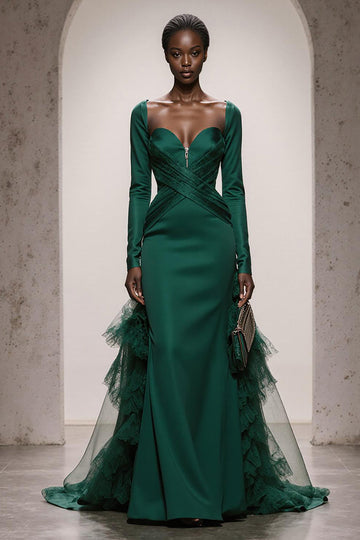 Dark Green Satin Mermaid Sweetheart Long Sleeves Formal Dress with Ruffles