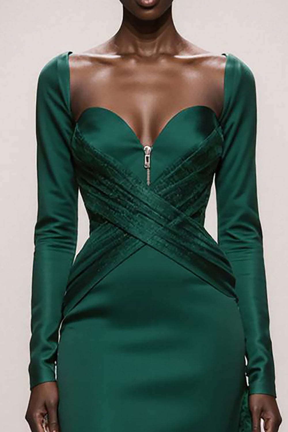 Dark Green Satin Mermaid Sweetheart Long Sleeves Formal Dress with Ruffles