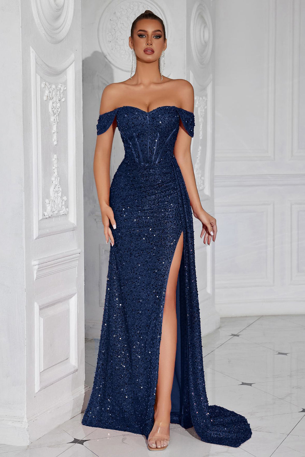 Sparkly Burgundy Corset Sequin Off the Shoulder Long Prom Dress with Slit