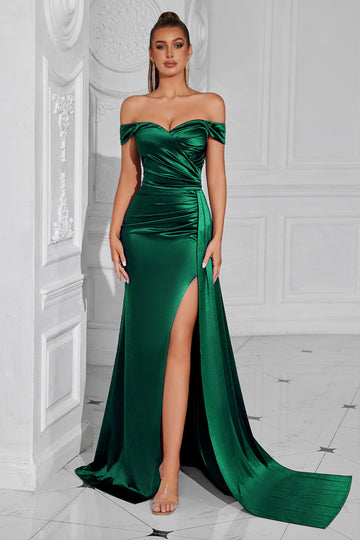 Dark Green Mermaid Off The Shoulder Ruched Long Prom Dress with Slit
