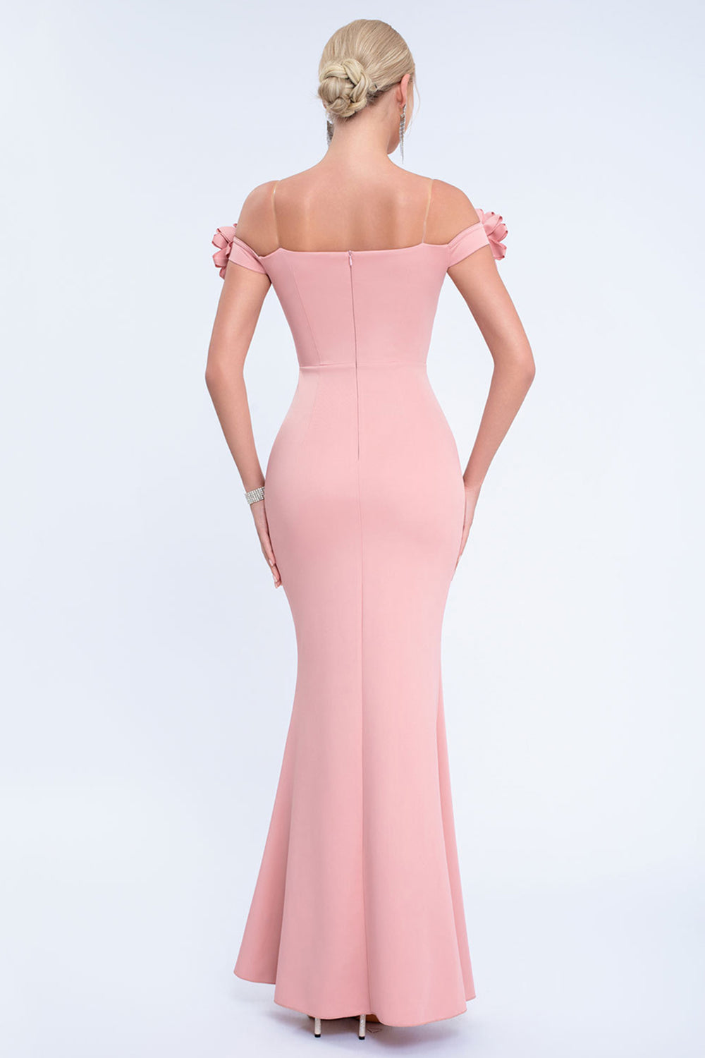 Blush Mermaid Off The Shoulder Long Prom Dress with 3D Flowers