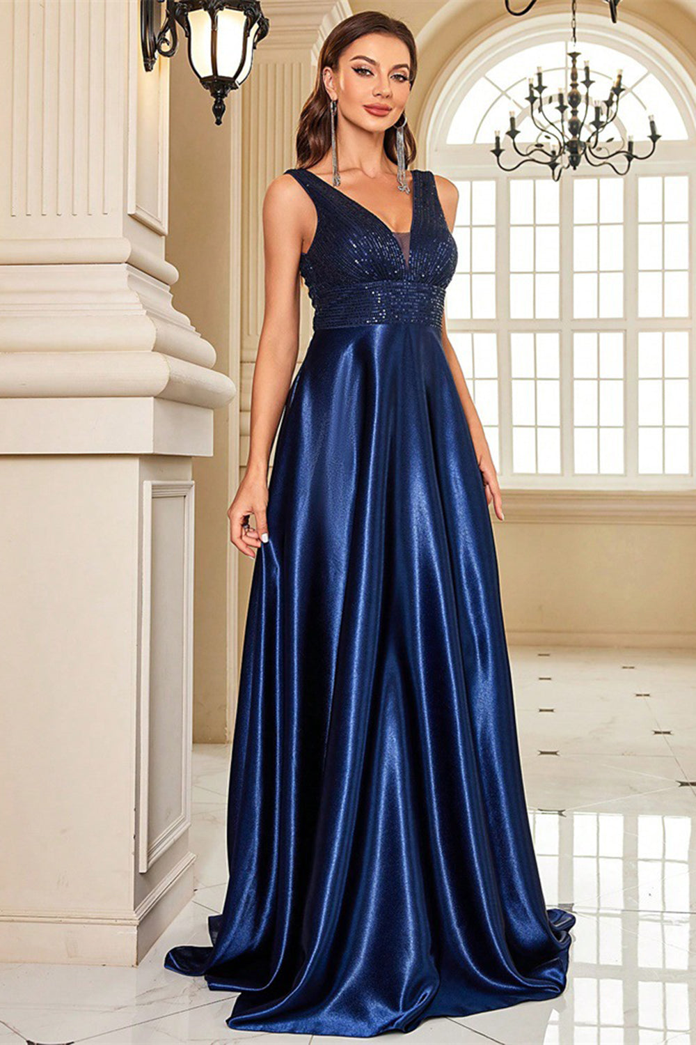 Sparkly Navy A Line Satin V-Neck Long Prom Dress with Beading