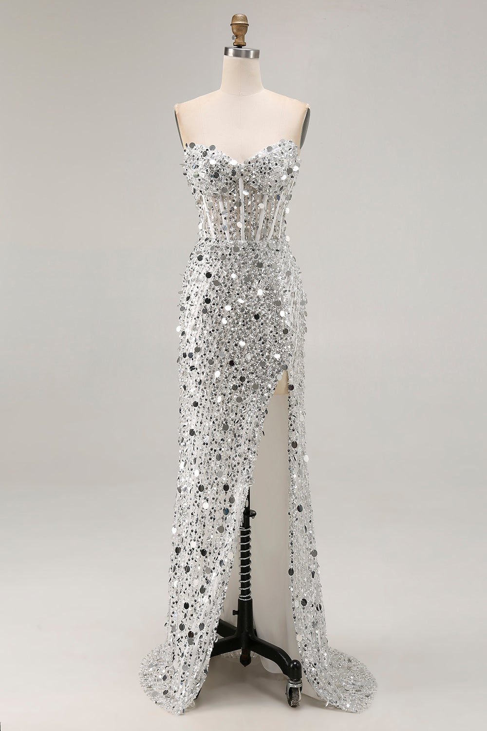 Sparkly Pink Mermaid Beaded Long Corset Prom Dress with Slit