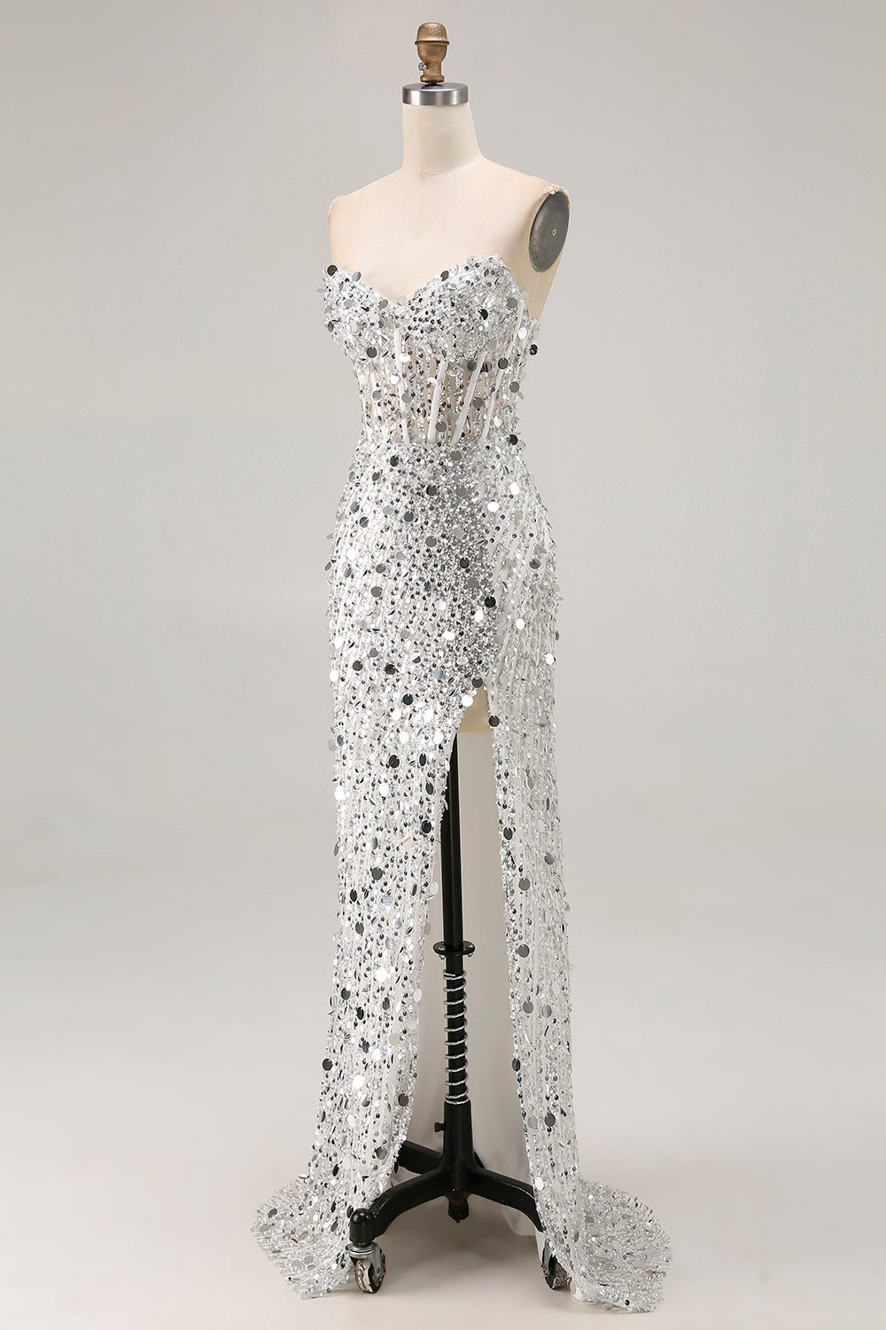Sparkly Blue Mermaid Beaded Long Corset Prom Dress with Slit