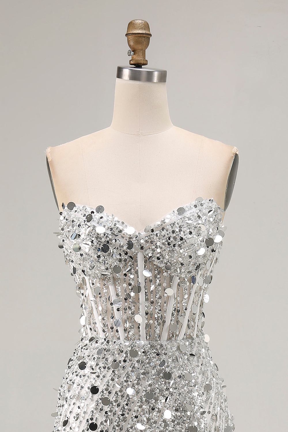 Sparkly Silver Sequin Mermaid Long Corset Prom Dress with Slit