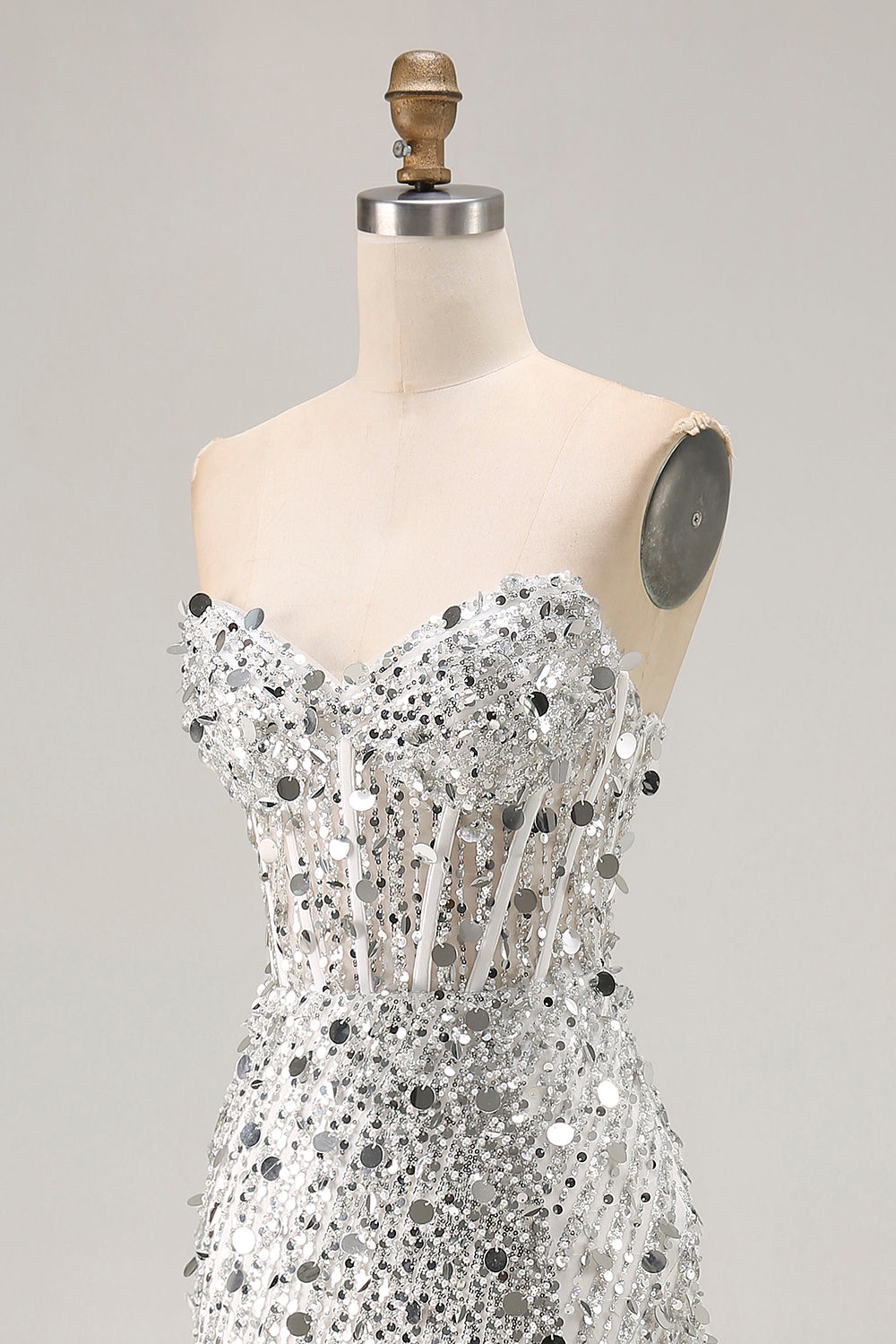 Sparkly Silver Sequin Mermaid Long Corset Prom Dress with Slit