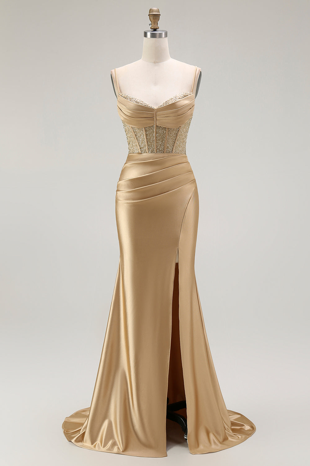Sparkly Navy Satin Mermaid Long Corset Prom Dress with Beading