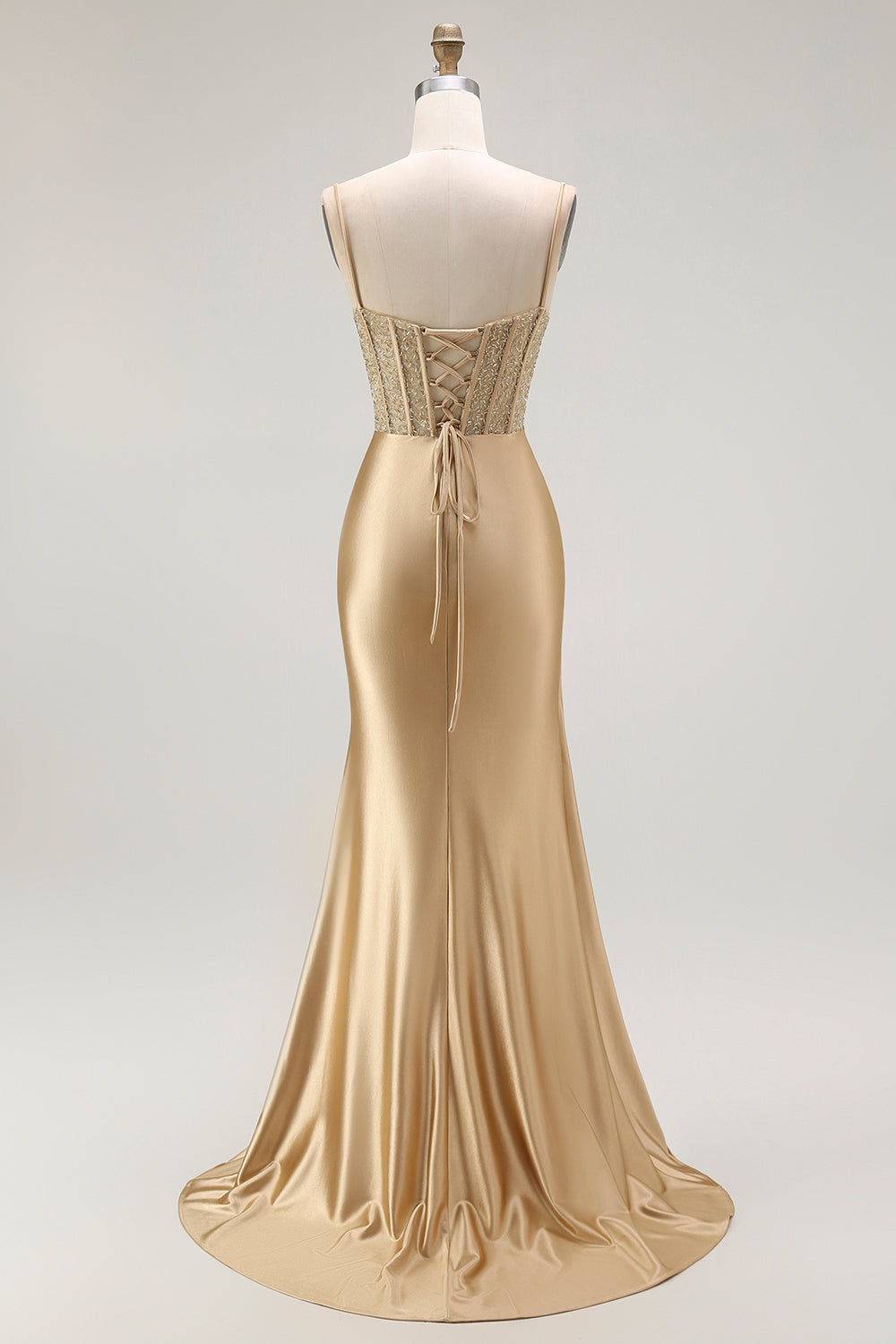 Sparkly Gold Satin Mermaid Long Corset Prom Dress with Slit