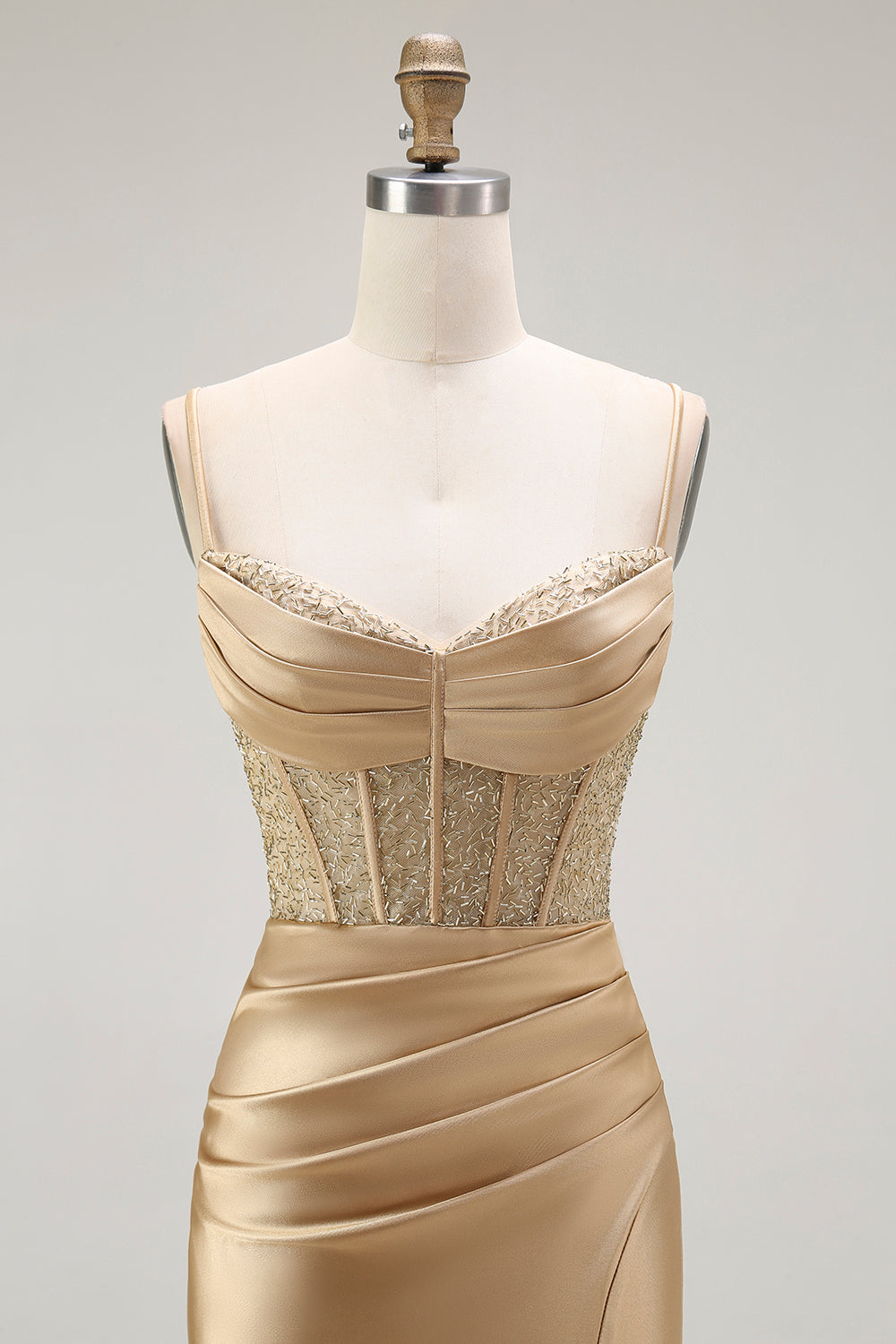 Sparkly Gold Satin Mermaid Long Corset Prom Dress with Slit