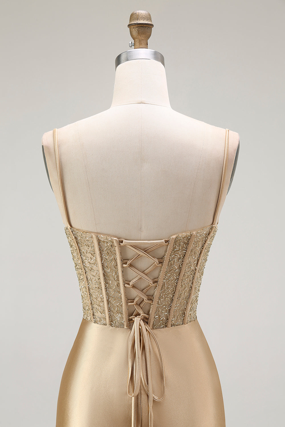 Sparkly Gold Satin Mermaid Long Corset Prom Dress with Slit