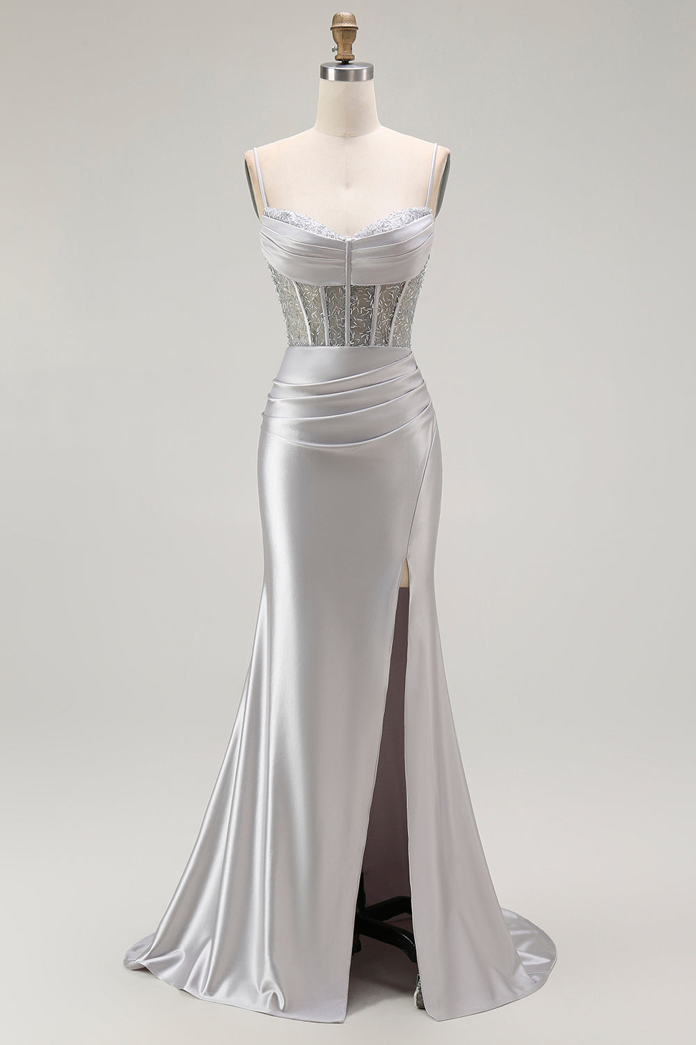Sparkly Red Satin Ruched Long Corset Prom Dress with Slit