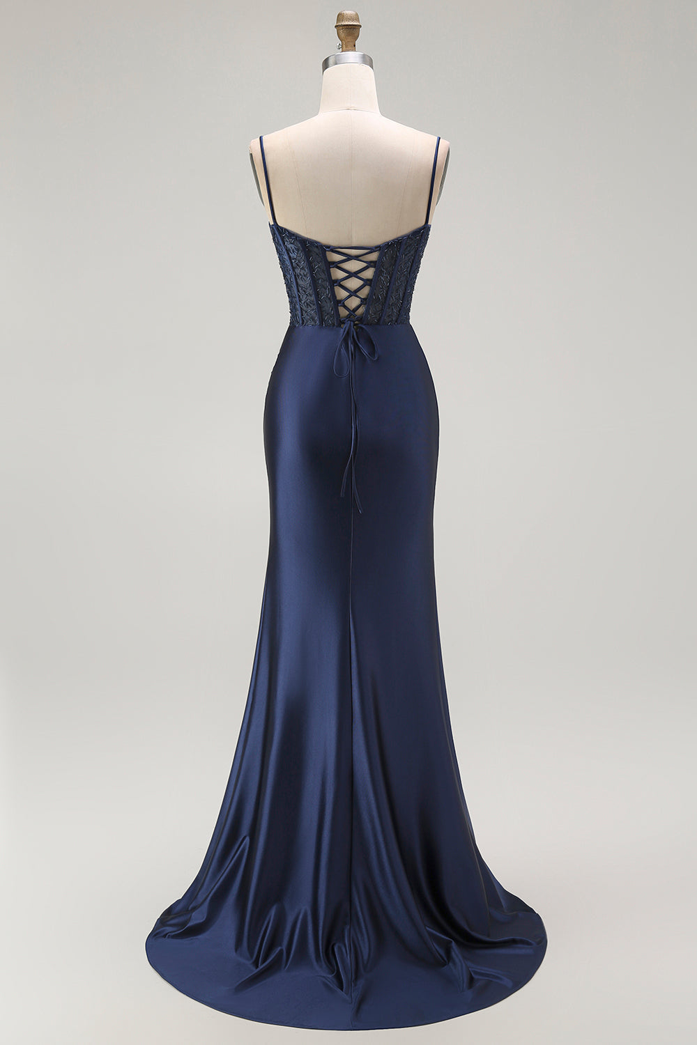 Sparkly Grey Mermaid Satin Long Corset Prom Dress with Slit