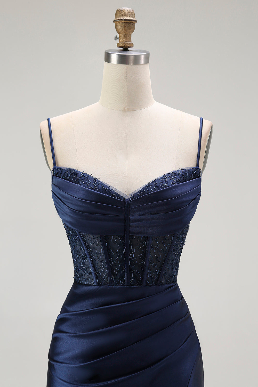 Sparkly Navy Satin Mermaid Long Corset Prom Dress with Beading